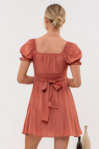 Terracotta Pleated Puff Sleeve Dress