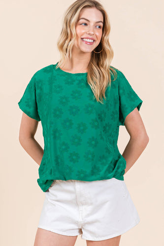 Green Textured Floral Pattern Top