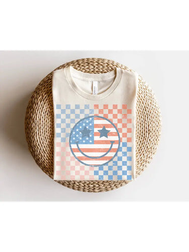 America Checkered Flag Happy Face Graphic Tee