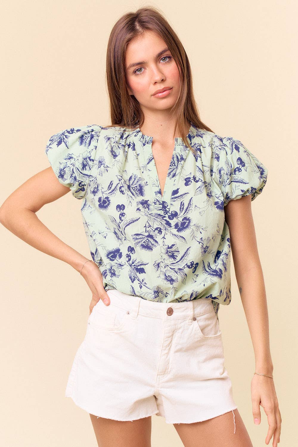 Sage Cotton Floral Print Ruffle Top