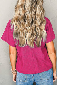 Pink Crinkle Bubble Hem V-Neck Top