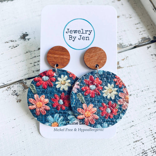 Wood Stud Earring: Daisies on Denim