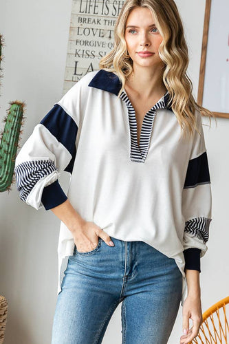 Navy V Neck Drop Shoulder Top