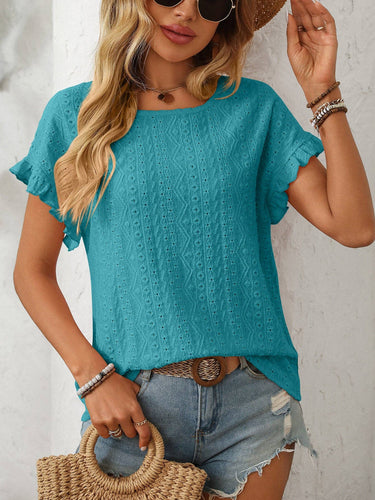 Turquoise Blue Eyelet Crewneck Top