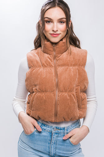 Camel Corduroy Zip Up Puffer Vest