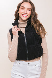 Black Corduroy Zip Up Puffer Vest