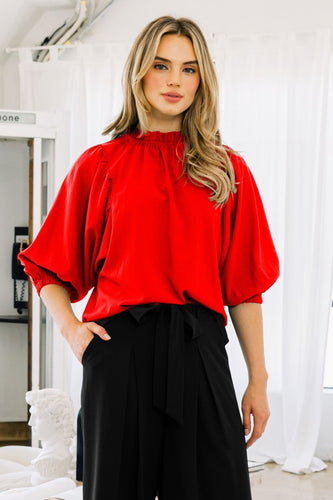 Red Ruffle High Neckline Top