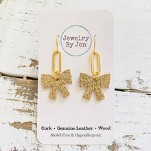 Load image into Gallery viewer, Bow w/Paperclip Charm Earrings: Gold Fine Glitter