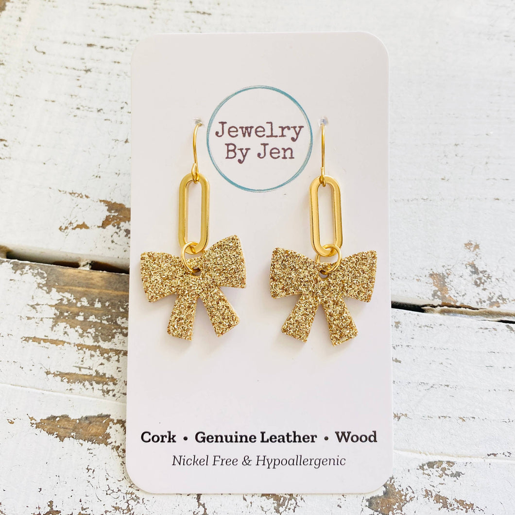 Bow w/Paperclip Charm Earrings: Gold Fine Glitter