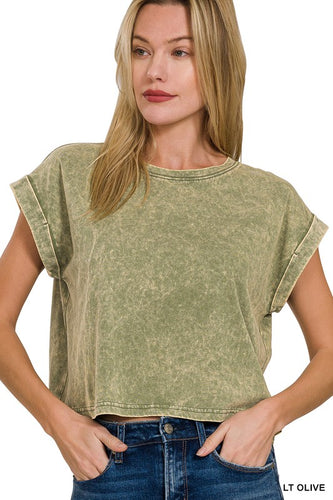 Lt Olive Washed Cotton Cuffed Top