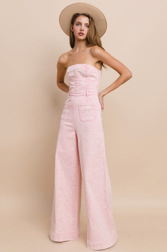 Wide Leg Tube Top Denim Jumpsuit