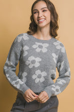 Load image into Gallery viewer, Grey Crew Neck Floral Patter Sweater