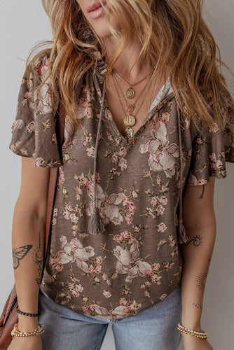 Taupe Floral Split Neck Top