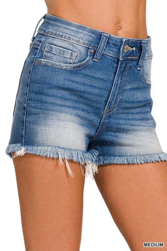 Zenana Mid Rise Raw Hem Frayed Denim Short