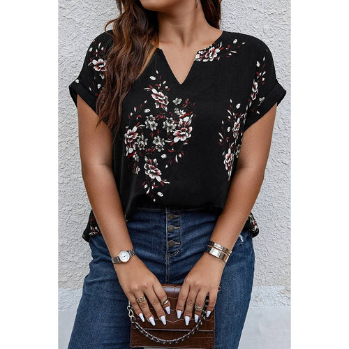 Black Floral Print V Neck Top