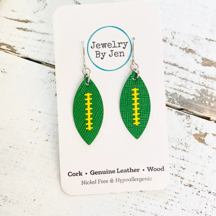 Football (Medium): Green W/Yellow Stitches Earrings