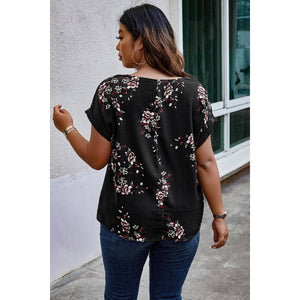 Black Floral Print V Neck Top