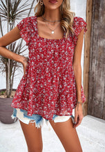 Load image into Gallery viewer, Red Ditsy Floral Print Ruffle Tiered Top