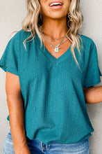 Load image into Gallery viewer, Turquoise Crinkle Bubble Hem V-Neck Top