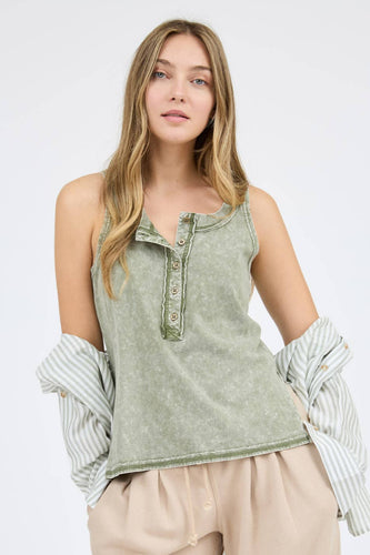 Olive Washed Henley Tank