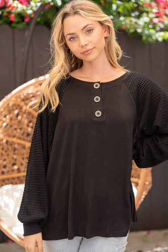 Black Soft Waffle Sleeve Top