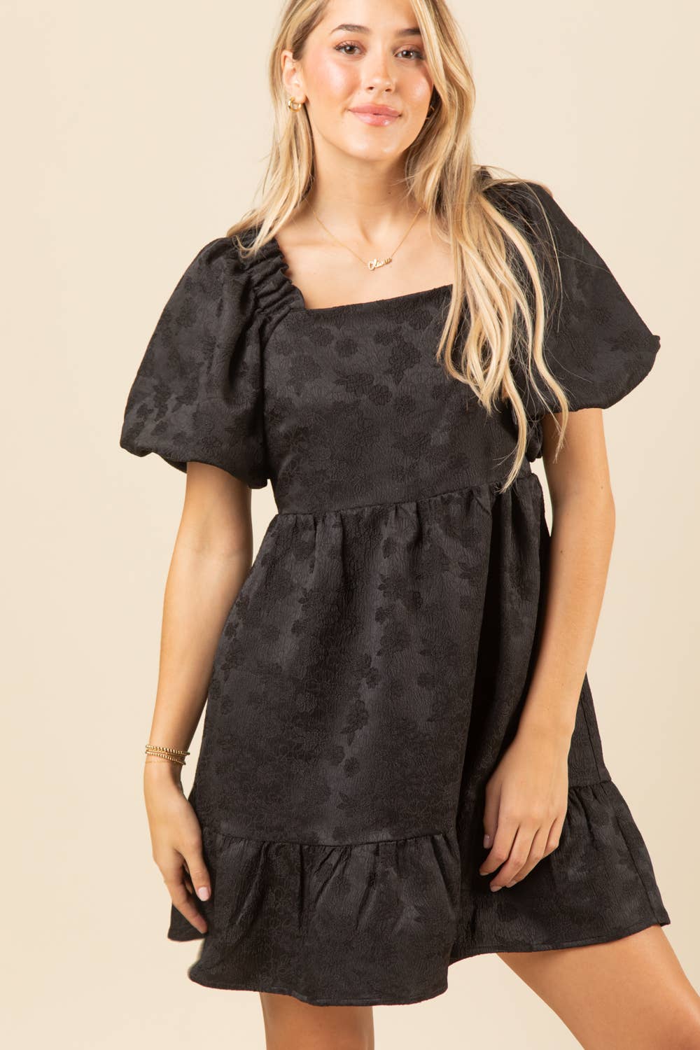 Black Sq Neck Jacquard Dress