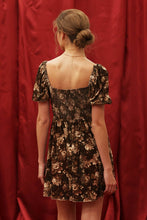 Load image into Gallery viewer, Brown Floral Velvet Puff Sleeve Dress