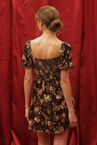 Brown Floral Velvet Puff Sleeve Dress