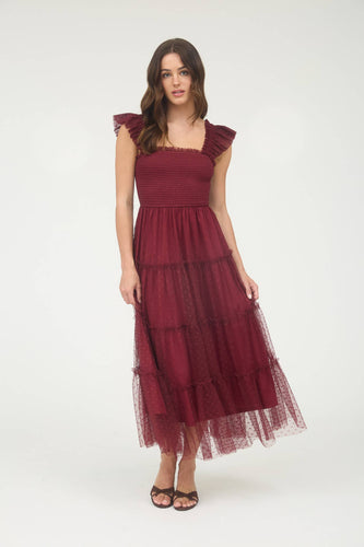 Burgundy Polka Dot Chiffon Smocked Midi Dress