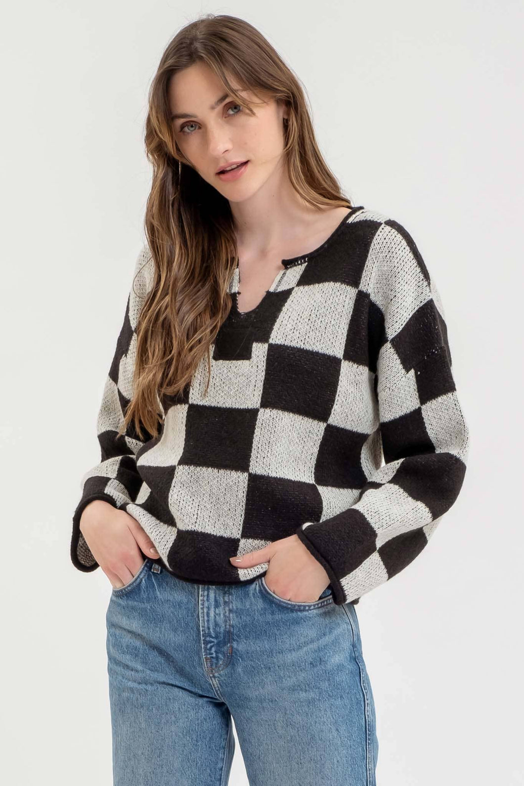 Black Checkered Split Neck Sweater