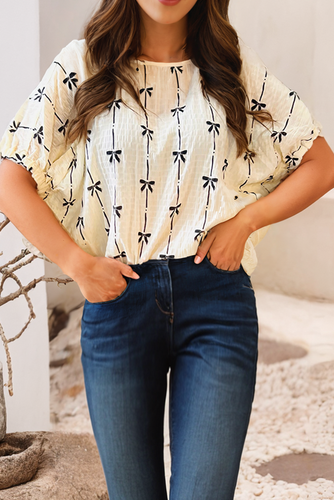 Beige Bow Print Puff Sleeve Top