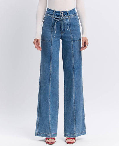 Vervet Super High Rise Tie Waistband Wide Leg Jean