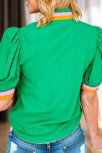 Load image into Gallery viewer, Green Contrast Color Block V Neck Top