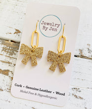 Load image into Gallery viewer, Bow w/Paperclip Charm Earrings: Gold Fine Glitter