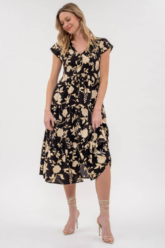 Black Floral Tiered V Neck Dress