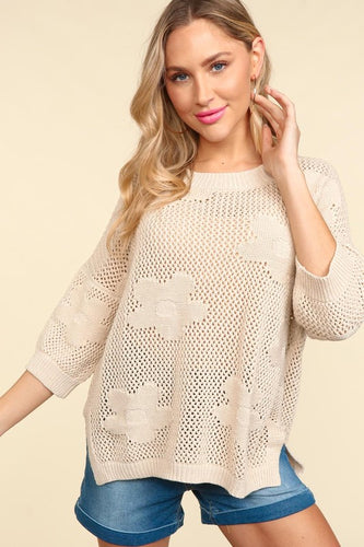 Oatmeal Loose Fit Floral Netted Sweater