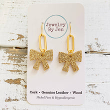 Load image into Gallery viewer, Bow w/Paperclip Charm Earrings: Gold Fine Glitter