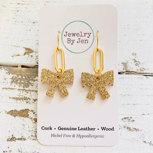 Bow w/Paperclip Charm Earrings: Gold Fine Glitter