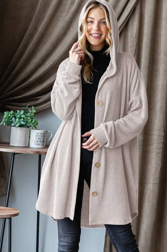 Hooded Oatmeal Ribbed Cardigan