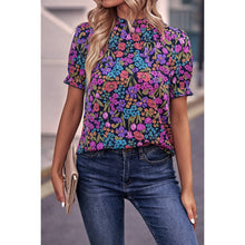 Load image into Gallery viewer, Navy Floral Print Elastic Sleeves Top