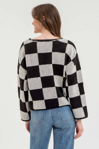 Black Checkered Split Neck Sweater