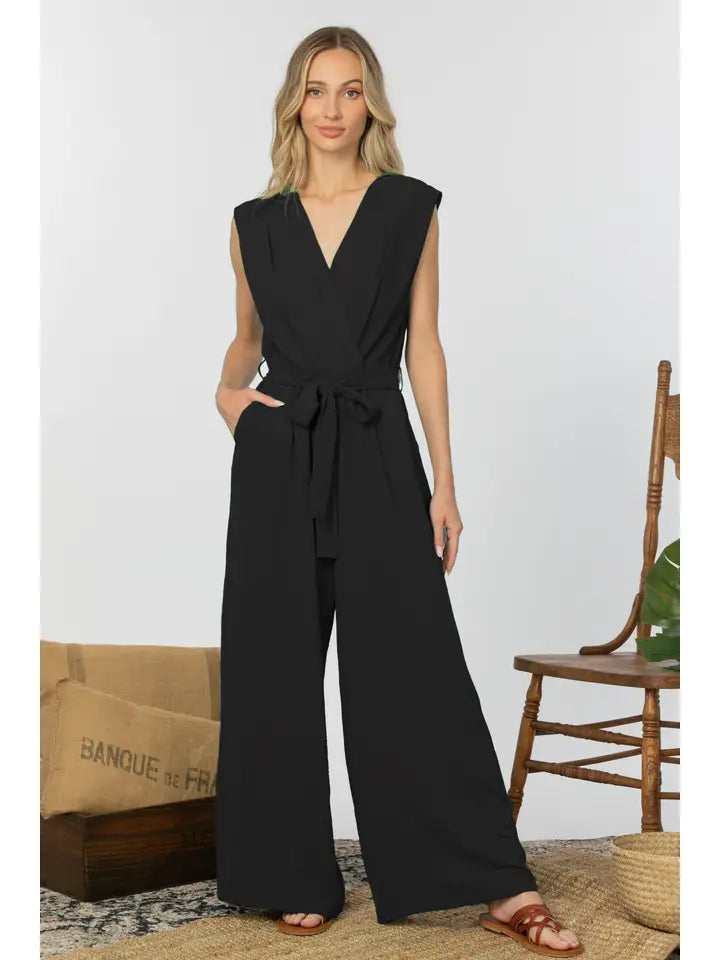 Black Faux Wrap Wide Leg Jumpsuit