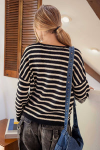 Black Stripe Neck Split Sweater