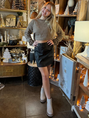 Drk Brown Washed Faux Leather Mini Skirt