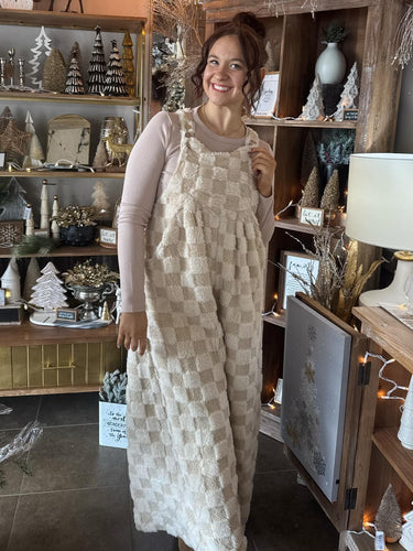 Latte Cozy Checker Sherpa Wide Leg Overalls