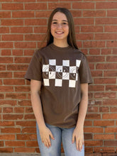 Load image into Gallery viewer, Espresso Checkerboard Happy Face Graphic Tee