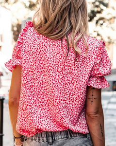 Pink Abstract Ruffle Sleeve Buttoned Top