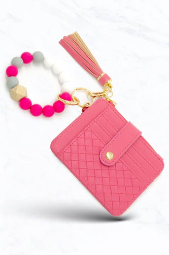 Silicone Bead Gold Holder Keychain: Pink