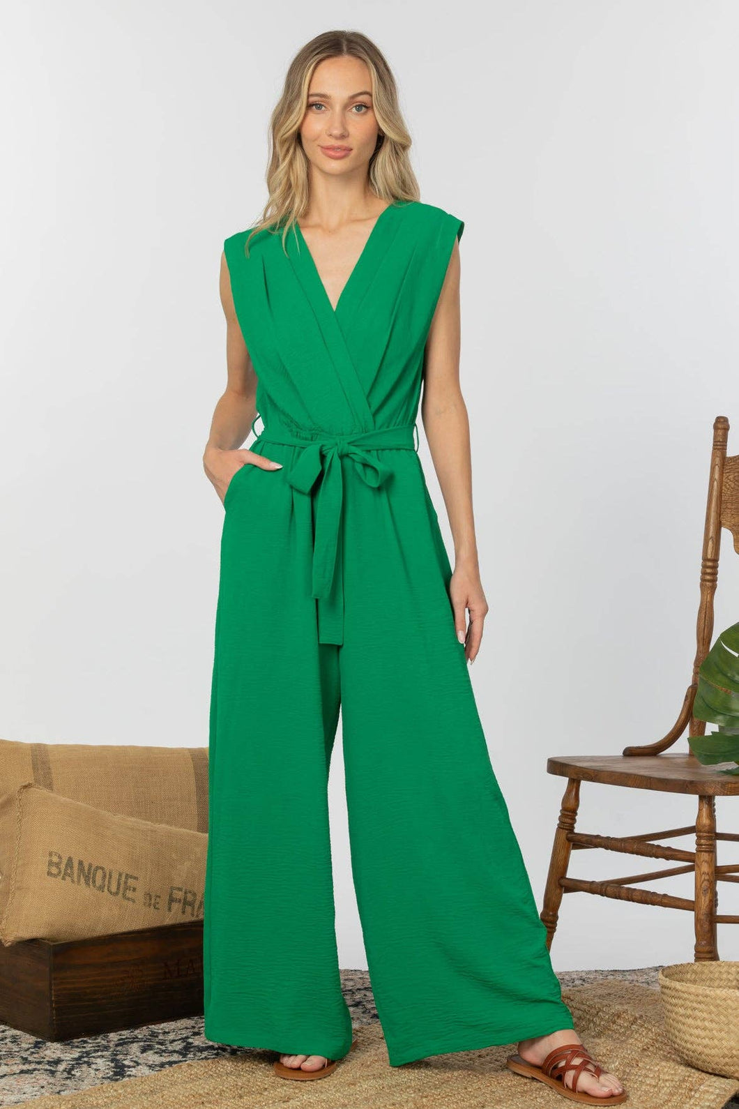 Kelly Green Faux Wrap Wide Leg Jumpsuit