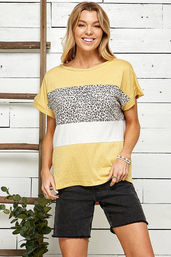 Yellow Leopard Color Block Top